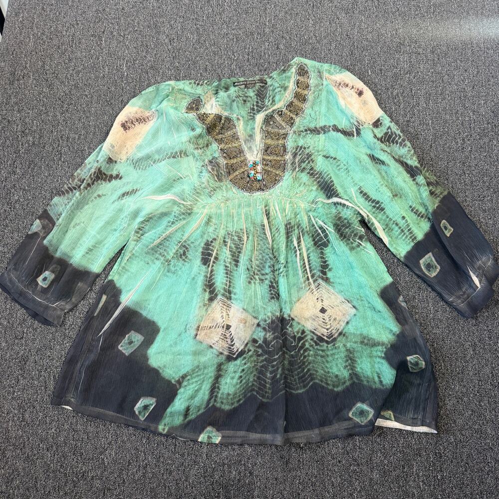 Vintage Y2k Medieval Boho Green Tie Dye Flowy 3/4 Sleeve Blouse Women's Medium